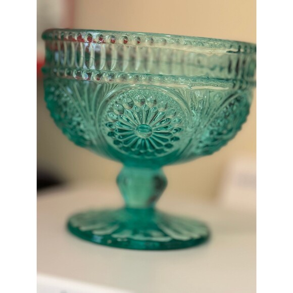 The Pioneer Women 10oz Adeline Turquoise Footed Glass Ice Cream sundae cup EUC - Picture 6 of 10